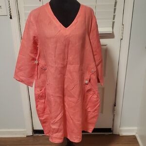Match Point Coral V-Neck 100% Linen Long Sleeve Dress with Pockets
